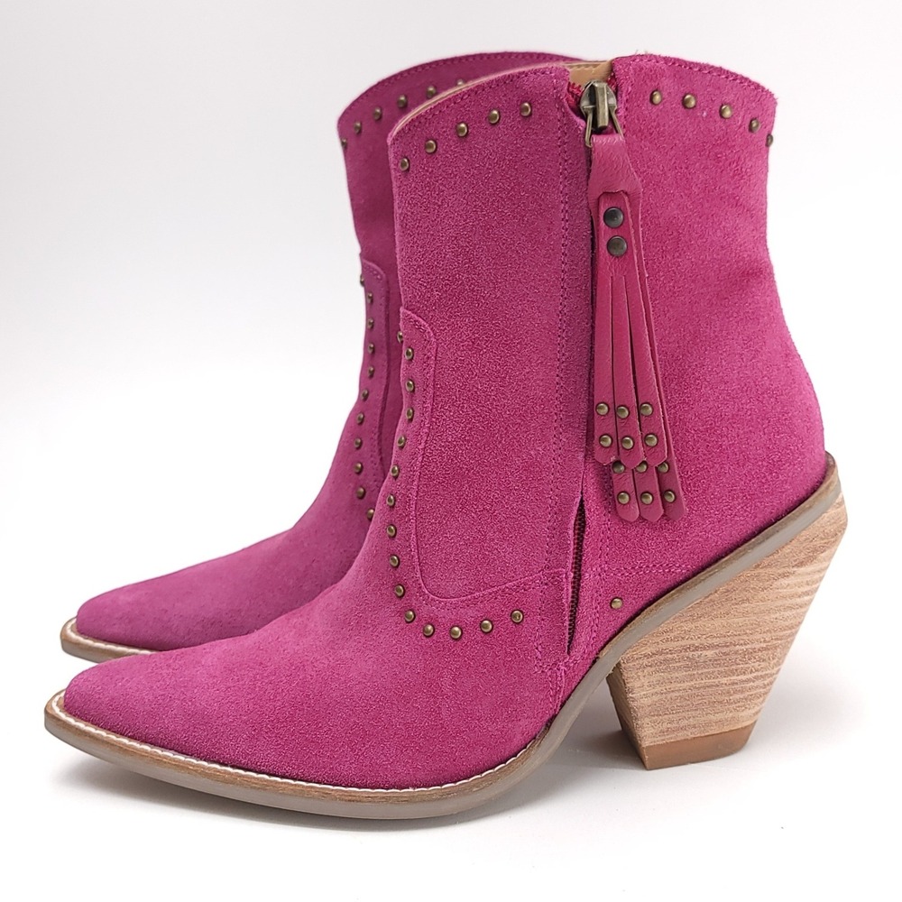 Dingo Fuchsia DI 952 Pink Suede Studded Fringe Western Ankle Boots Womens 9 M